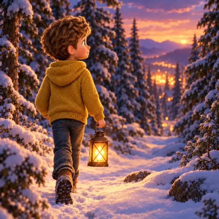 Ilustracja 3D chłopca idącego przez zaśnieżony las iglasty z zapaloną latarnią w dłoni