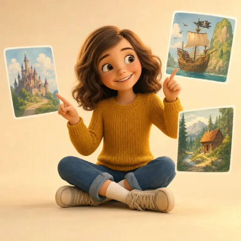 Ilustracja 3D dziewczynki wskazującej na unoszące się obrazki zamku, statku pirackiego i domku w lesie, spośród których wybiera bajkę