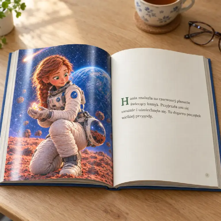Dwie otwarte książeczki 3D obok siebie z tą samą rudowłosą, piegowatą dziewczynką w zielonej kurtce: jako astronautka na małej planecie w jednej książce i jako rycerka w lesie w drugiej