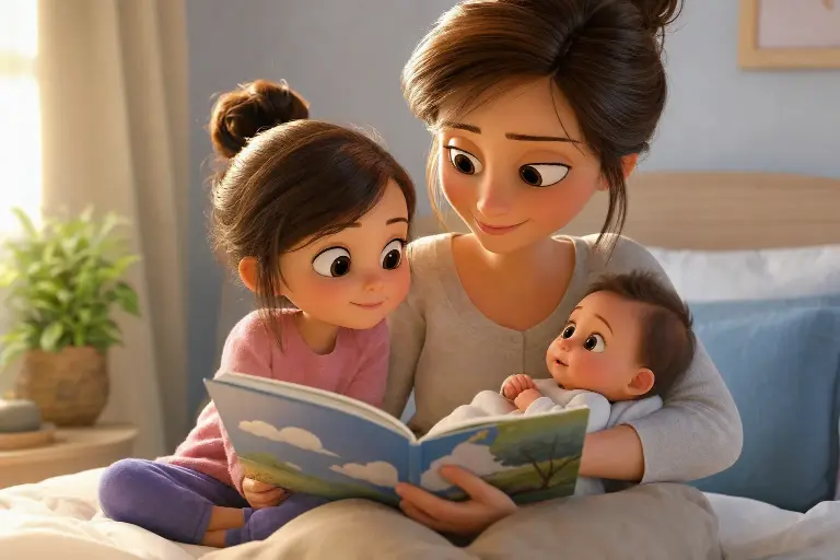 Ilustracja 3D starszego rodzeństwa trzymającego na rękach niemowlę
