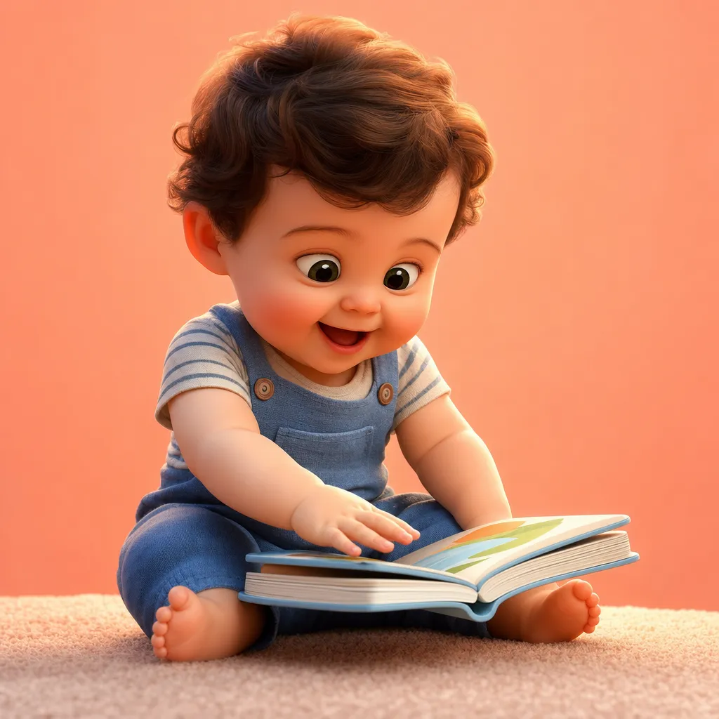 Ilustracja 3D dwulatka siedzącego z otwartą książeczką z obrazkami