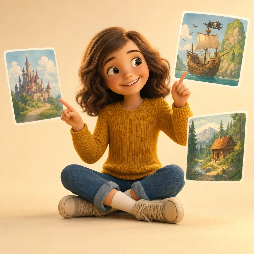 Ilustracja 3D dziewczynki wskazującej na unoszące się obrazki zamku, statku pirackiego i domku w lesie, spośród których wybiera bajkę