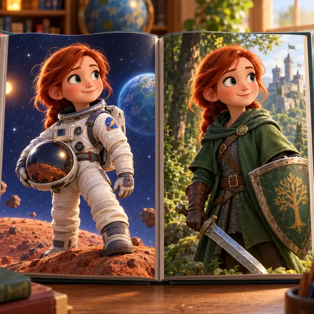 Dwie otwarte książeczki 3D obok siebie z tą samą rudowłosą, piegowatą dziewczynką w zielonej kurtce – jako astronautka na małej planecie w jednej książce i jako rycerka w lesie w drugiej